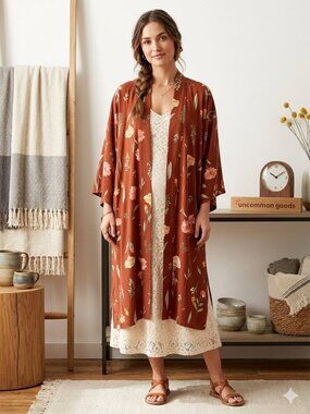 Uncommon Goods Women's M/L Terracotta Floral Print Open Front Lyocell Kimono